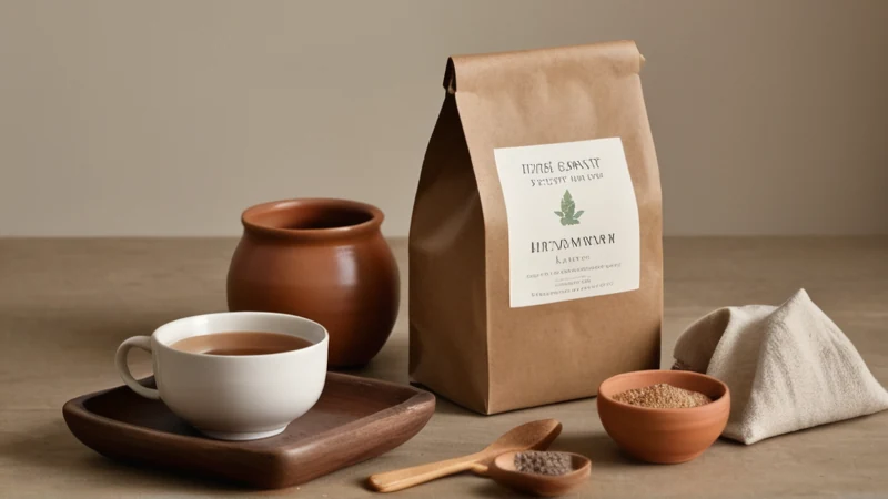 Schlicht verpacktes Teegeschenk mit Teepäckchen, Tasse und Holzlöffel