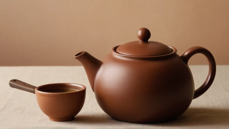 Teekanne, Tasse, großes Teesieb und Dosierlöffel auf hellem Untergrund